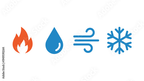 A simple graphic illustrates four elemental icons fire water air and ice displayed in a row with distinct colors high quality professional detailed modern elegant stylish