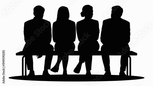 A black silhouette depicts four individuals seated on a long bench their faces obscured suggesting waiting or contemplation high quality professional detailed modern elegant stylish clean