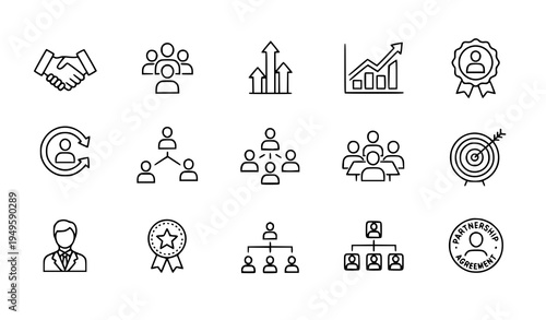 A set of minimalist line art icons representing business partnership and teamwork