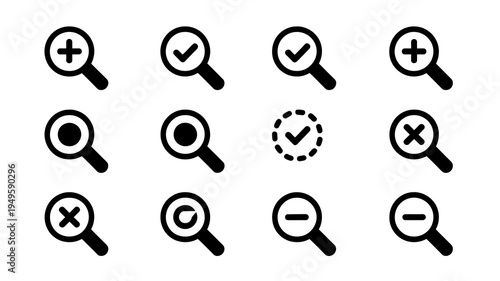 A collection of black magnifying glass icons with various symbols inside representing search confirmation and rejection high quality professional detailed modern elegant stylish clean crisp vibrant