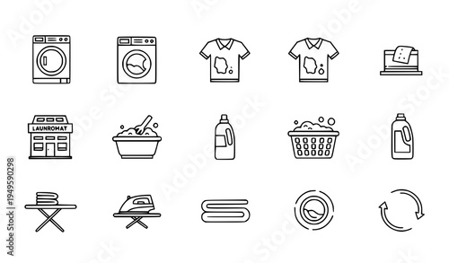 A set of minimalist line art icons depicting various laundry and washing symbols and objects.