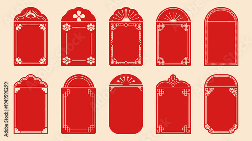 A collection of nine ornate rectangular frames in vibrant red with golden detailing arranged in a grid pattern on a beige background high quality professional detailed