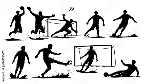 A set of black silhouette vector graphics depicting soccer players in various actions on a white background