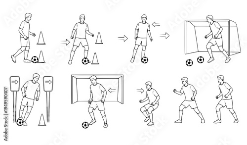 A black and white line art illustration of a soccer player performing various skills and drills with a ball