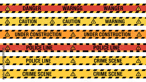 A series of warning and danger tapes are displayed featuring text like caution police line and crime scene high quality professional detailed modern elegant stylish clean