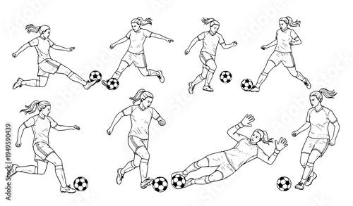 A set of line art illustrations depicting women playing soccer in various dynamic poses