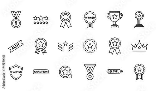 A set of black and white vector icons representing awards and achievements