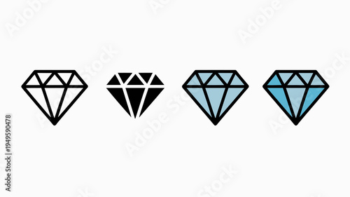 Four diamond icons are displayed progressing from a black outline to a fully colored light blue gem illustration high quality professional detailed modern elegant stylish clean