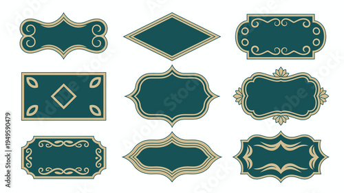 A collection of nine ornate teal colored frames with gold accents is displayed against a plain white background high quality professional detailed modern elegant stylish clean