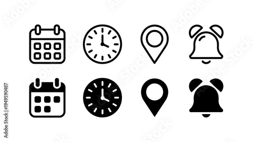 A collection of black and white outline icons depicting scheduling time location and alarm elements arranged in a grid format high quality professional detailed modern elegant
