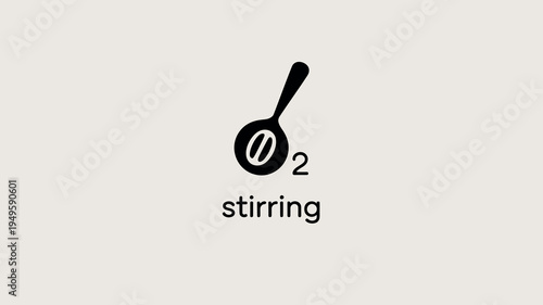 A minimalist graphic depicts a coffee bean with the chemical formula for oxygen beside it accompanied by the word stirring high quality professional detailed modern elegant