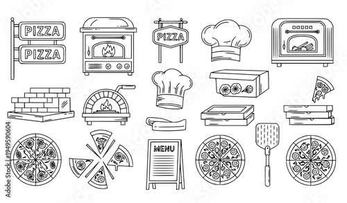A set of black and white line art illustrations depicting various pizza making and serving icons and symbols.