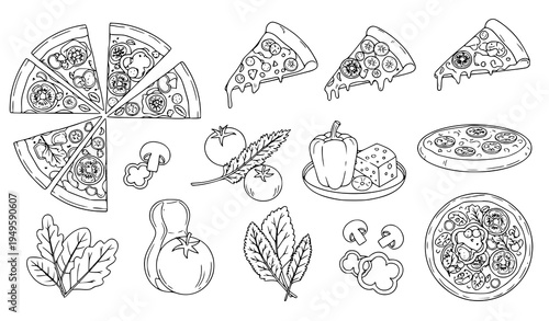 A vector graphic illustration of various pizza ingredients and slices in a simple line art style