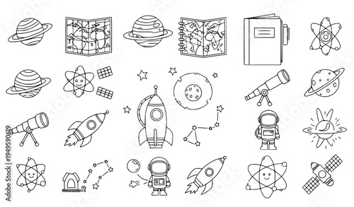 A set of black and white line art illustrations depicting various space-related icons and objects, including planets, rockets, and astronauts.