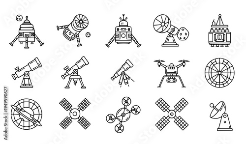 A set of vector illustrations depicting various astronomical objects and equipment, including telescopes, satellites, and robots.