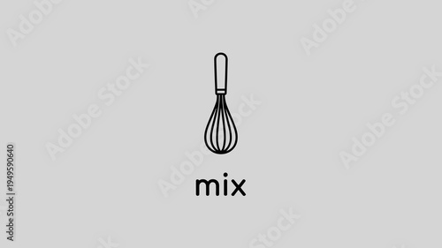 A minimalist black and white illustration depicts a wire whisk centered on a light gray background with the word mix below high quality professional detailed modern