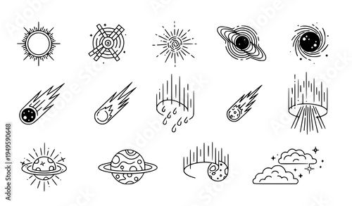 A set of minimalist vector illustrations depicting various celestial bodies and weather phenomena