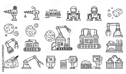 A set of industrial robotic arm icons and pizza illustrations in a flat minimal line art style