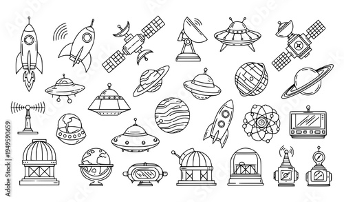 A set of vector space icons featuring planets, rockets, and satellites in a minimalist line art style