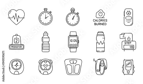 A collection of fitness icons and illustrations in a minimalist line art style