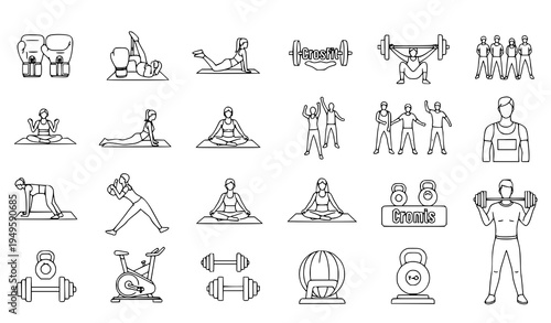 A collection of minimalist fitness icons and illustrations in a flat line art style, featuring people exercising and various workout equipment.