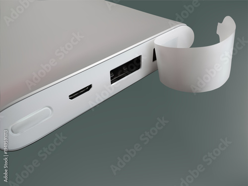 a power bank with a peeled white seal on a grey surface. vector illustration created with the gradient mesh tool.