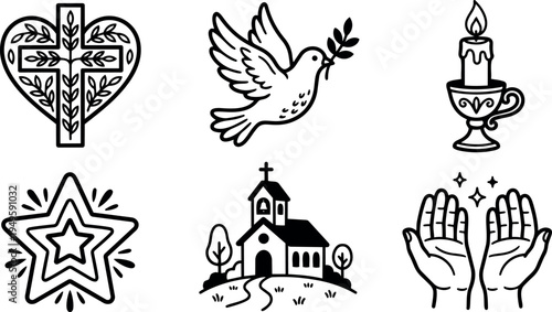 Black line art set of heart cross dove with olive branch candle holder star church hands with sparkles religious symbols vector illustration