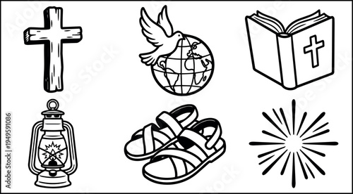 Black line art set of christian cross dove globe bible lantern sandals and radiant light vector icons collection