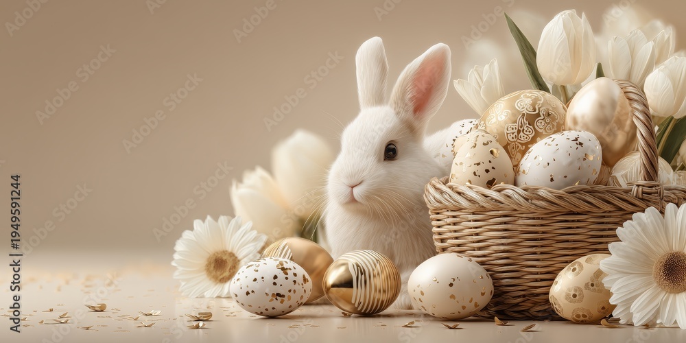 Fototapeta premium Elegant white bunny beside wicker basket overflowing with golden eggs and tulips, evoking luxurious Easter celebration on beige backdrop