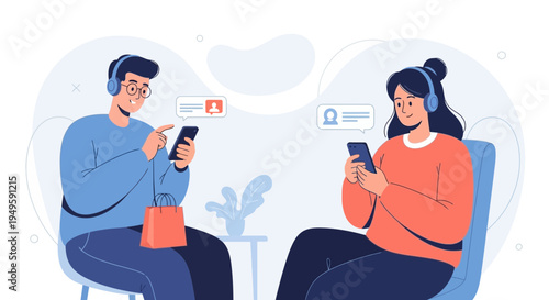 Couple texting on phones with headphones, communication, online connection, modern lifestyle