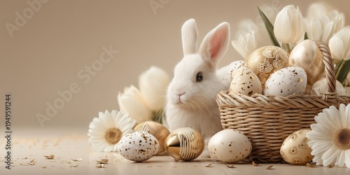 Elegant white bunny beside wicker basket overflowing with golden eggs and tulips, evoking luxurious Easter celebration on beige backdrop