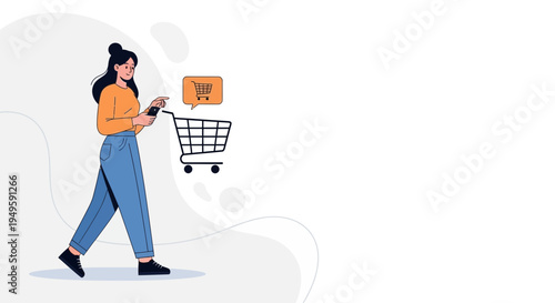 Woman using smartphone for online shopping with shopping cart icon and speech bubble
