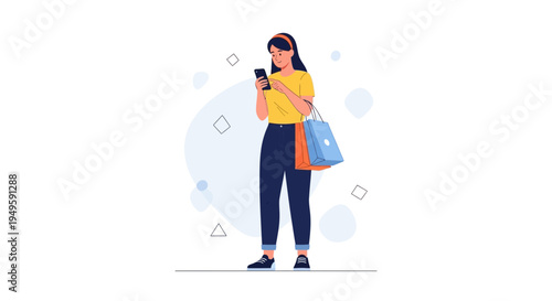Woman with Shopping Bags Using Smartphone, Online Shopping Concept
