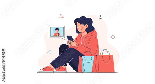 Woman using smartphone with shopping bags, online shopping concept