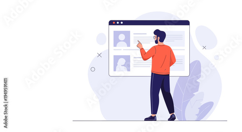 Man pointing at digital profile list on screen, online recruitment concept
