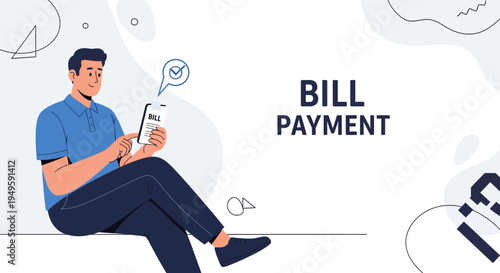 Man Paying Bills Online Using Mobile Phone, Digital Payment Concept