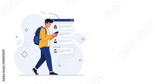 Young man with backpack using smartphone, browsing profiles on digital screen, online dating concept