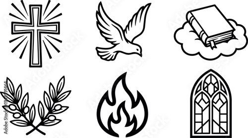 Black and white religious icon set with cross dove bible olive branch flame and cathedral window outline style vector art