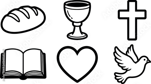 Black and white religious vector icons including bread chalice cross open bible heart and flying dove with simple outlines