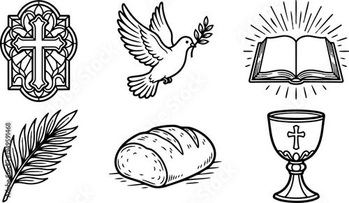Black and white line art collection of religious symbols including cross stained glass dove olive branch open bible loaf of bread and chalice illustration