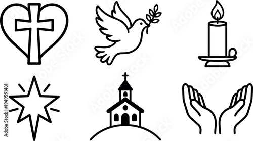 Minimalist black line art religious icons with cross heart dove candle star church and praying hands vector set