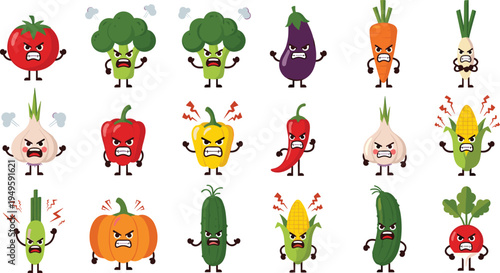 Collection of angry cartoon vegetable characters set including tomato broccoli carrot garlic pepper and corn with expressive mad faces isolated on white background