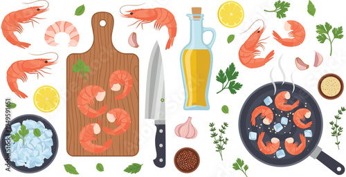 Fresh shrimp cooking ingredients set with prawns on cutting board frying pan olive oil knife garlic and herbs isolated on white background