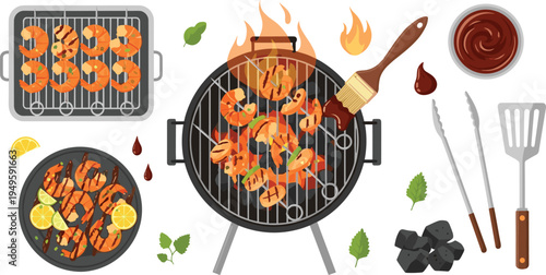 Grilled shrimp barbecue set featuring prawns on skewers round charcoal grill with flames bbq sauce brush and tongs isolated on white background