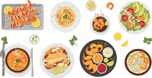 Collection of delicious shrimp seafood dishes set including grilled skewers pasta tacos salad and soup bowl with various sauces isolated on white background