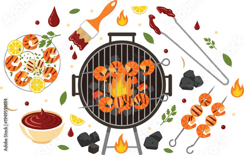 Large grilled shrimp barbecue collection with prawns on skewers round charcoal grill flames bbq sauce brush and tongs isolated on white background