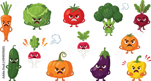 Large set of angry cartoon vegetable characters featuring carrot cabbage tomato broccoli beet cucumber pumpkin and eggplant with mad faces isolated on white background