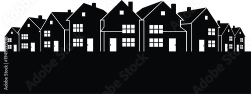 Row of silhouette houses with white windows and doors against a clean background.