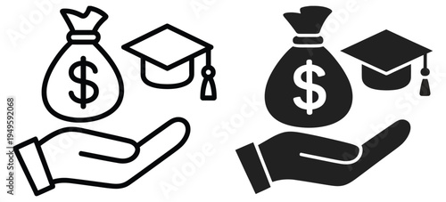 bold education credit icon with scholarship tuition symbol, modern flat vector illustration showing financial aid, student loan support, university funding concept, academic payment assistance graphic