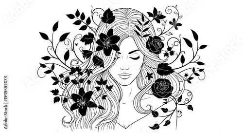 Elegant portrait of a woman with flowing hair adorned with intricate floral and vine elements, evoking beauty and nature.